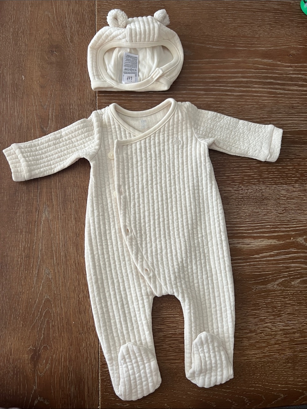 Baby Gap Cream Quilted Baby Footie with Bear-Ear Hood
